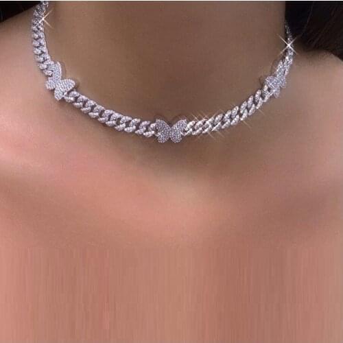 Iced out bling women cuban choker micro pave 5A cz bling bling butterfly charm 15" 16" cuban chain necklace