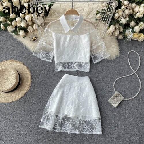 Women Summer Lace Suit Turndown-Collar Mesh Short Sleeve Top+High Waist A-line Midi Skirts Two Piece Set