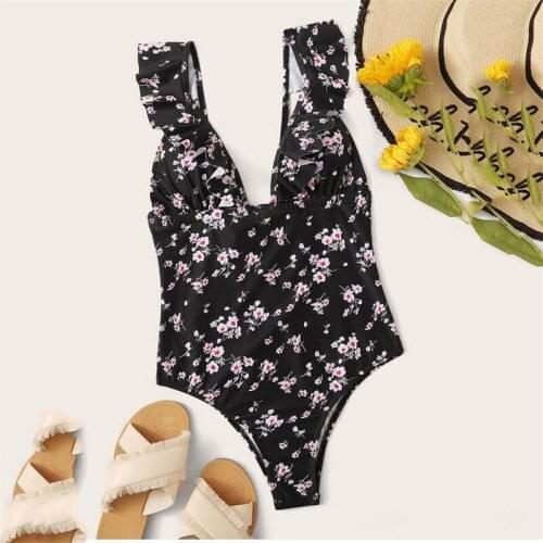 Floral Print Swimwear Women One Piece Swimsuit 2021 Ruffled Bodysuits Push Up Bathing Suit Sexy Backless Beach Swimming Wear