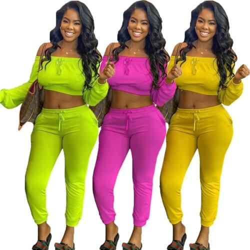 Women 2 Pcs Sets New Fashion Autumn One-word Neck Wrapped Chest Solid Color Waist Long Sleeve Sports Suit Wholesale Dropshpping