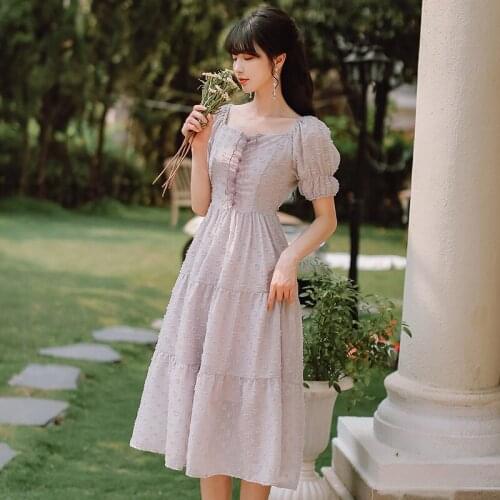 Purple Gentle Fairy Dress Women 2021 New French Vintage Ruffled Single-breasted Square Collar Chic Tassel Elegant Dresses Summer