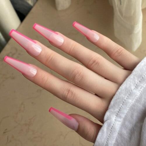 24pcs Pink Nail Patch Glue Type Removable Super Long Paragraph Fashion Manicure Save Time False Nail Patch DL