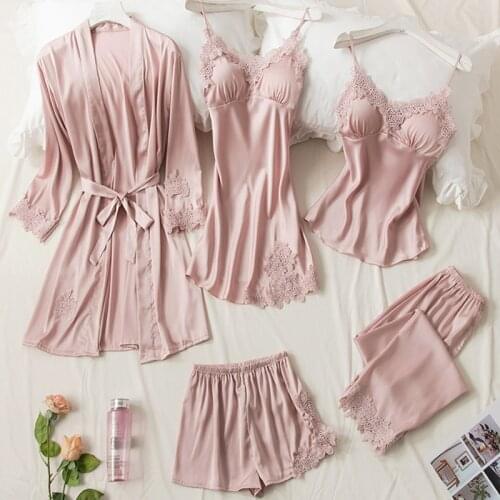 5pcs Silk Robe Sleep Suit 2021 Womens Lace Satin Pajamas Gown Set V-Neck Cami Nighties Wear Pijama Home Nightwear Spring Pyjamas