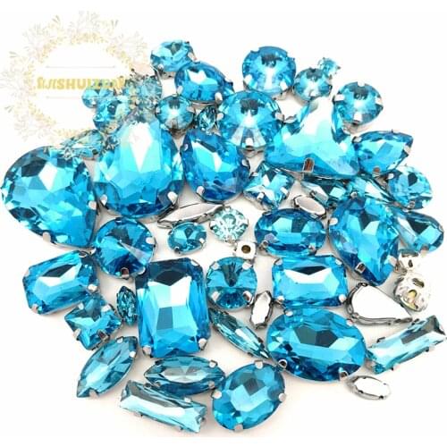 52pcs 23sizes 10shapes MIX Turquoise Blue Size Crystal Glass Sew-on Rhinestones silvery Bottom DIY Womens Dresses sijishuizuan