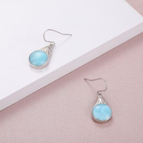 925 Sterling Silver Jewelry for Women Larimar Earring New Fashion Natural Precious Texture Restoring Ancient Ways Rhodium Plated