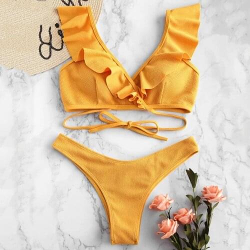 2021 Bikinis Women Sexy Monokini Swimwear Solid Ruffled Padded Bikini Set High Waist Bandage Bathing Suit Swimsuit Beachwear