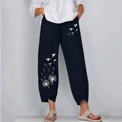 Plus Size Women Pants Spring Summer Cotton Linen Pocket Pants Casual Comfortable Printed Elastic Waist Harem Pants 2021 Trousers