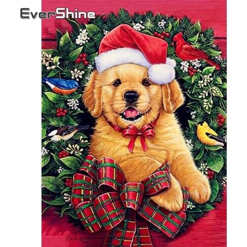 EverShine Diamond Painting Christmas Wreath Diamond Embroidery 5D Full Square Animal Picture Rhinestones Dog Mosaic Home Decor