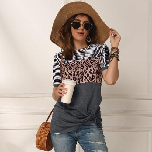 Oversized T-Shirt Women O-Neck Short Sleeve Casual Solid Color Striped Leopard Printed Lady Top Female Fashion Clothes Pullover
