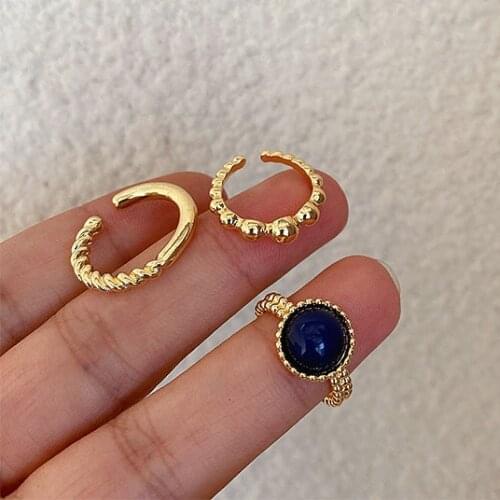 Three Pierces Set Finger Rings For Women Fashion Jewelry Blue Beads Vintage Stylish Round Gold Ring Girls Jewellery Gifts