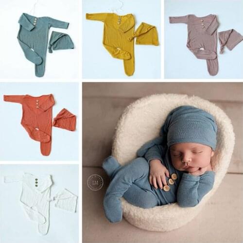 Newborn Photography Costume Romper Soft Elastic Long Hats Baby Clothes Sets For Photo Shoot Photobooth Props Accessories Studio