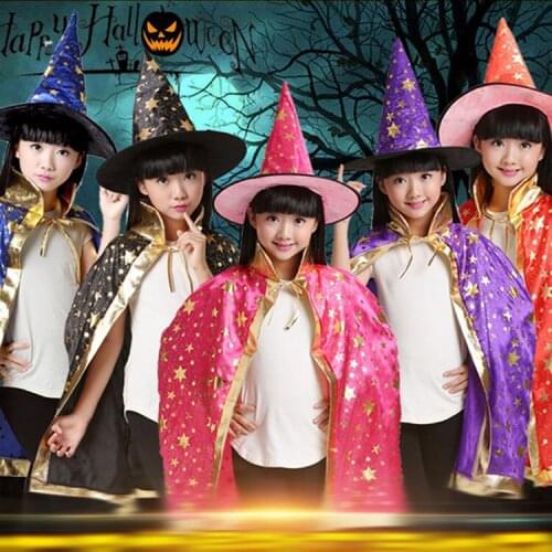 Halloween Costume Wizard Cape Witch Cloak with Hat for Childrens Role Play Party