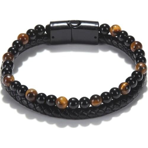 PU Punk Double Bead Leather Rope Bracelet Mixed Color Natural Lava Stone Bracelet Real Cowhide Hand-Woven Mens Bracelet