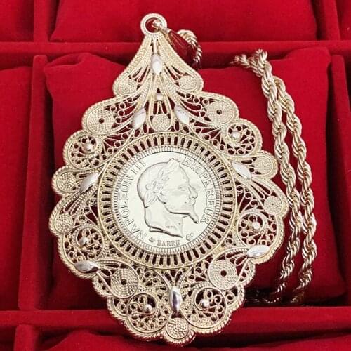 1862 Napoleon III French Empire Metal Coin Pendant With Flowery Engraving Design Wedding Decoration Necklace
