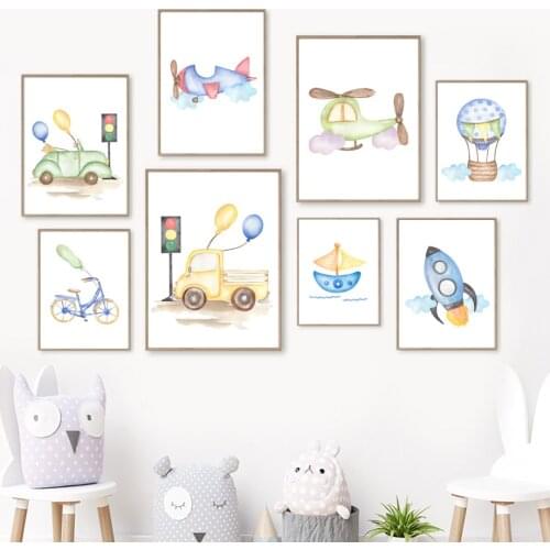 Cute Car Truck Boat Rocket Bicycle Helicopter Nursery Wall Art Print Canvas Painting Nordic Poster Decor Pictures Baby Kids Room