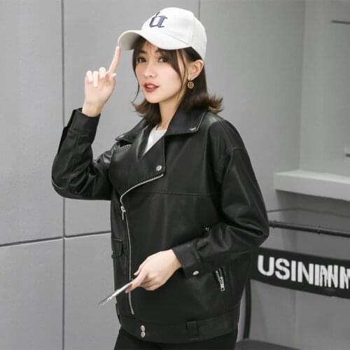 Fashion PU leather womens short 2021 slim loose motorcycle leather jacket Long Sleeve Jacket Women