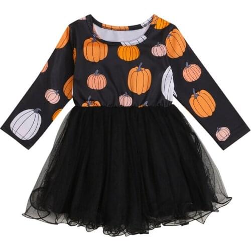 2021 NEW Kids Halloween Dress, Cartoon Pumpkin Print Round Neck Long Sleeve Tutu Skirt for Summer Fall, 6 Month-4 Years