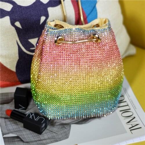 Fancy Luxury Crystal Colorful Clutch Shoulder Bucket Women Evening Bag for Party Wedding Rainbow Crystal Diamond Shoulder Purse