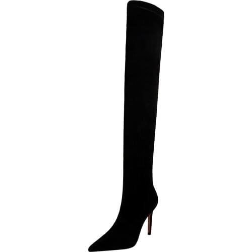 Faux Suede Over Knee Boots Velvet Lining Winter Shoes Women 9.5cm High Thin Heels Pointed Toe Black Boots Elegent Ladies Shoe