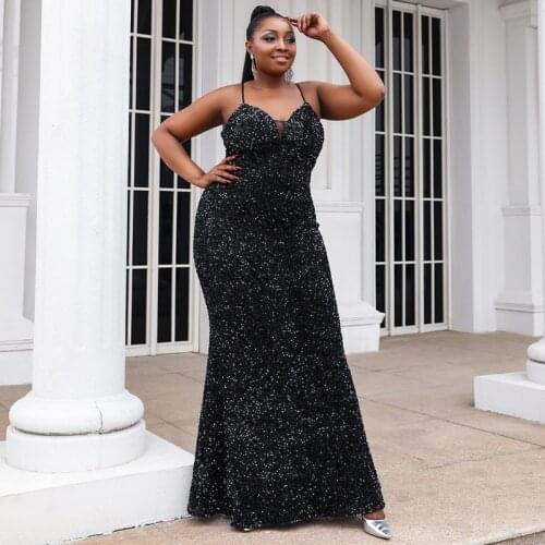 Sexy Sequins Evening Dresses African Clothes Plus Size V-Neck Dress Prom Singer Host Stage ClothesCocktail Party Costume YS2062