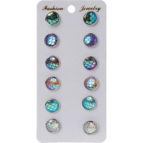 2021 New 6 Pairs Beauty Fish Scale Round Crystal Assorted Stud Earrings Set Women Jewelry 2020 trend