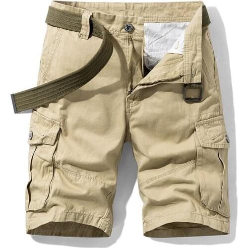New Summer Cargo Short Men Casual Straight Cotton Mens Shorts Bermuda Masculina Mid-waist Knee Length Mens Summer Shorts No Belt