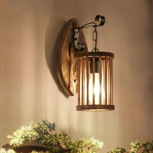 American Country Retro Industrial Wood Light Bar Restaurant Aisle Corridor Wall Lamp Bedside Solid Wooden Art Sconce