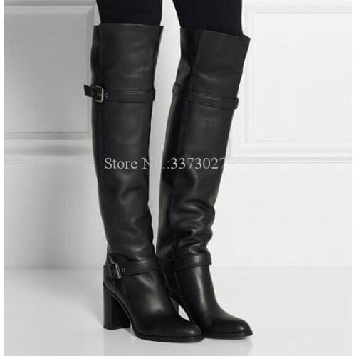 New Black Leather Buckle Strap Chunky Heel Long Boots Woman Round Toe Thick Heel Knee High Boots Lady Popular Winter Dress Shoes
