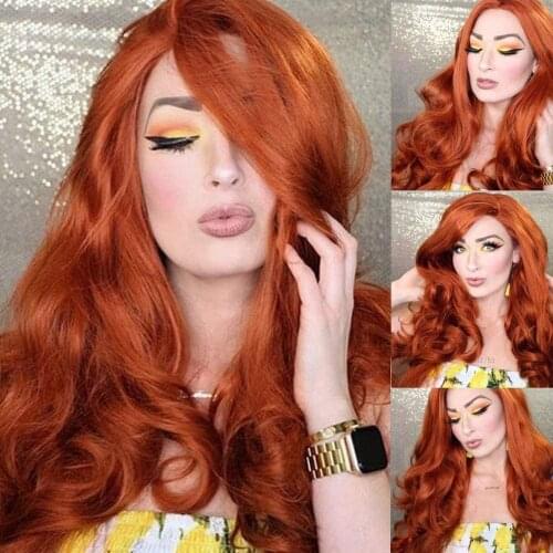 Womens Copper Red Lace Front Wigs Synthetic Glueless Long Wavy Free Part Half Hand Tied Replacement Full Wigs For Halloween 24
