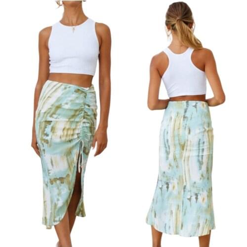 Womens Bodycon Boho Midi Skirts, High Waist Tie Dye Print Side Drawstring Split Long Skirts Summer 2021