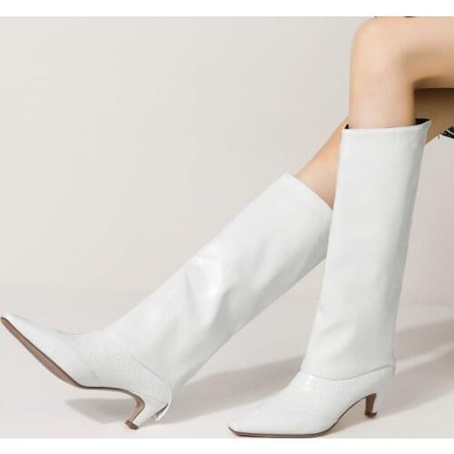 Ladies Stone Pattern Loose Boots Female Spring Autumn Personality Comfortable Mid-Heel Knee High Boots Winter Square Toe Shoes