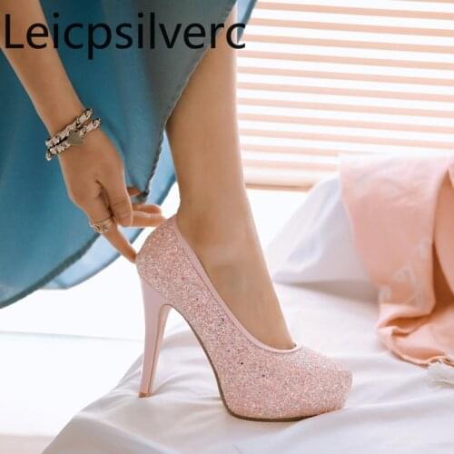 Pumps Spring and autumn The New fashion Round head Shallow mouth Sequin Fine heel High heel Womens shoes plus size 32-48