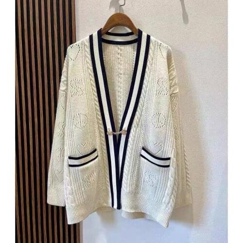 Hollow Out Women Stripes Knit Cardigan Preppy Style 2021 Autumn Winter Lady Long Sleeve Loose Knitwear Femme Sweater Outwear Top