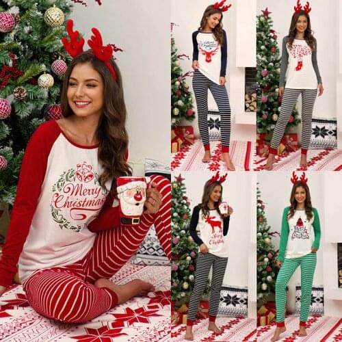 2Pcs Women Men Pajamas Suit Christmas Costume Long Sleeve Costume Letters Printed Shirt Plaid Long Pants Casual Soft Cotton Xmas