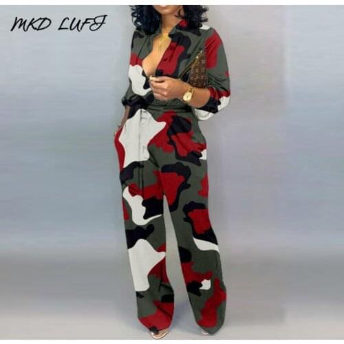 Camouflage Print V Neck Buttoned Rompers Women Jumpsuit Long Sleeve Autumn Casual Jumpsuit One Piece Overalls Streetwear