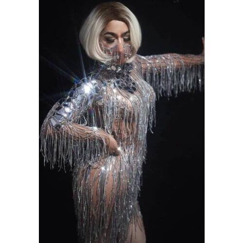 Sexy Singer Dancer Concert Performance Silver Mirror Tassel Dress Stage Costume Fringe Sleeve Sequins Short Dress Birthday Dress