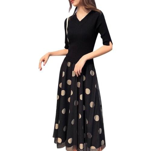 Womens Spring Summer Style Silk Dress Half Sleeve V-Neck Polka Dot Knitted Elegant Prairie Chic Style Dress AA3167