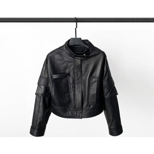 2021 New Leather Coat Female Sheep Skin Blister Motorcycle Short Lychee Grain Leather Jacket Fashion Genuine Leather Jacket