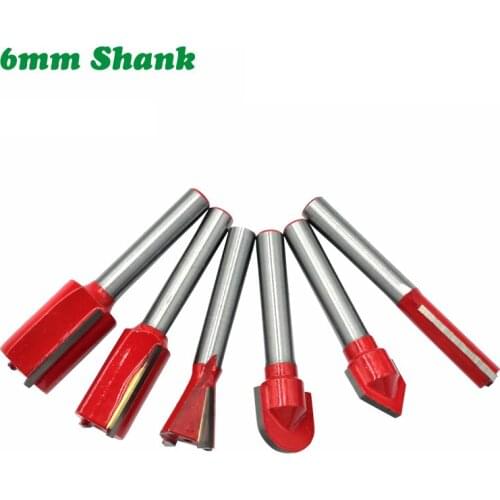 6PC/Set 6MM Shank Milling Cutter Wood Carving Wood Router Bit Straight T V Flush Trimming Cleaning Round Corner Cove Box Bits