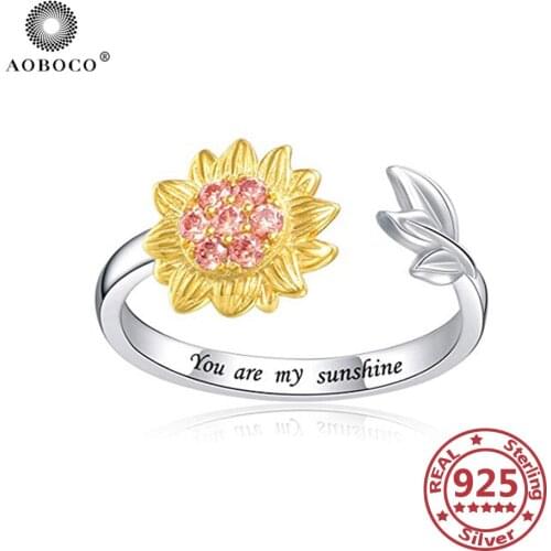 AOBOCO 925 Sterling Silver Sunflower Rings For Women "You are my Sunshine" Adujstable 925 Rings Womans Jewelry Graduation Gifts