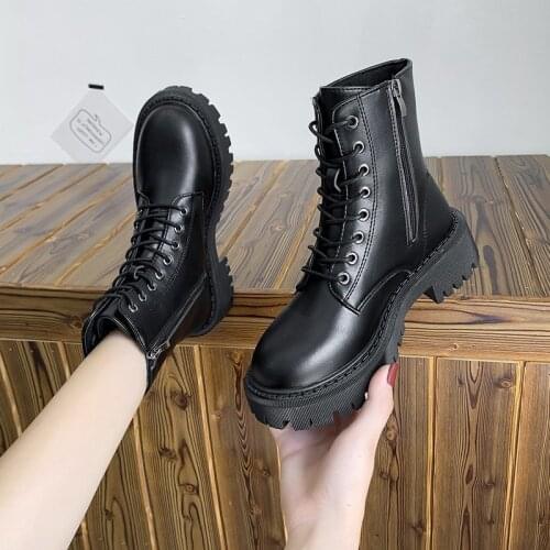 Black Platform Combat Ankle Boots For Women Lace Up Buckle Strap Woman Shoes Biker Boots Ankle Boots shoes women