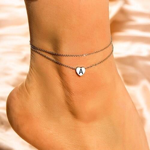 Fashion Heart Charms Initial Letter Anklet Layered Stainless Steel Chain Anklets Bracelets For Women Summer Beach Jewelry