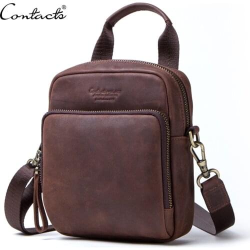 CONTACTS crazy horse genuine leather men messenger bag vintage bolsa mans waist packs small shoulder bags for men mini handbag
