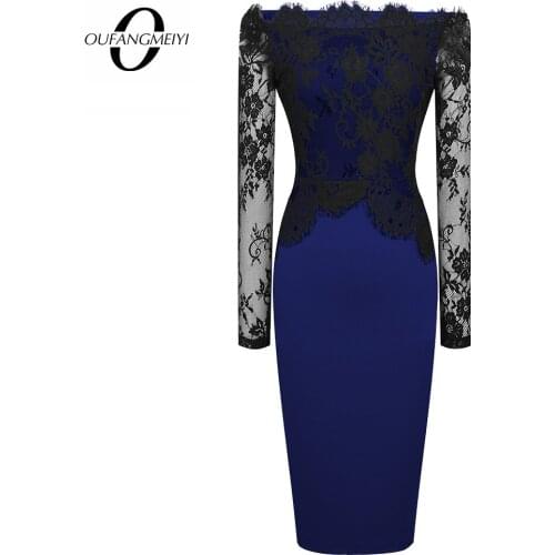 Elegant Stylish Lace Patchwork Black Floral Fitted Retro Women Business Party Pencil Dress E803