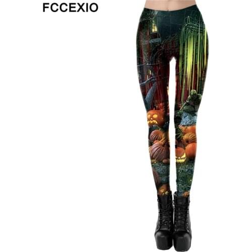 FCCEXIO Halloween Scary Print Tight Leggings Sports Women Fitness Sexy Skinny Leggins Women Cosplay Party Pants