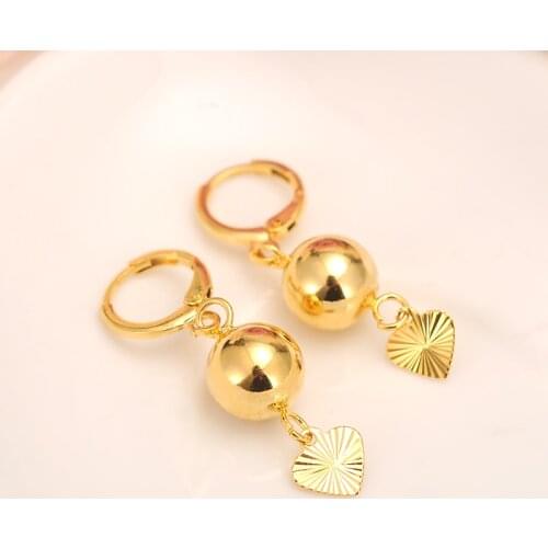 Beads smooth heart hang Earrings for Women/Girls 24 k Fine Gold Yellow Color GF Ball Earing Jewelry Gifts African,Indonesia