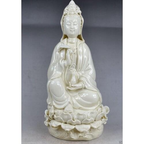 Exquisite China Dehua White Porcelain Kwan-Yin Sitting on Lotus Big Statue