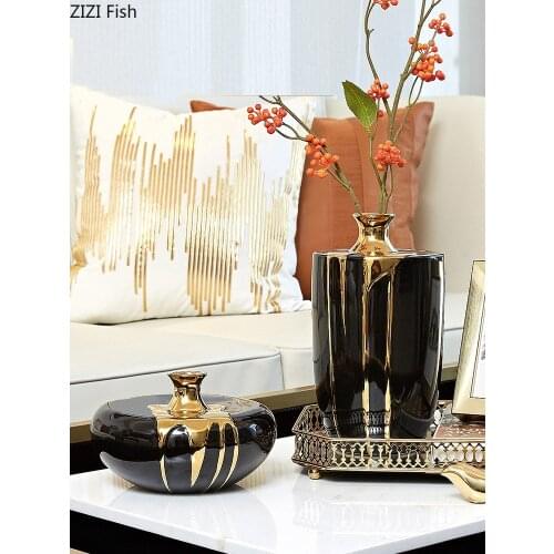 Black Gold Ceramic Vase Flowers Pot Flower Arrangement Desk Decoration Crafts Glaze Porcelain Vases Floral Home Decor Modern
