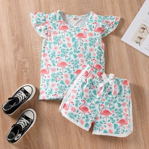 Summer Girls Casual T-shirt and Shorts Set Fashion Printing Round Neck Fly Sleeve Tops and Elastic Short Pants
