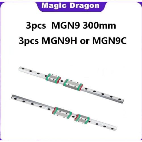 3pcs 9mm Linear Guide MGN9 L= 300mm linear rail way +3pcs MGN9C or MGN9H Long linear carriage for CNC XYZ Axis